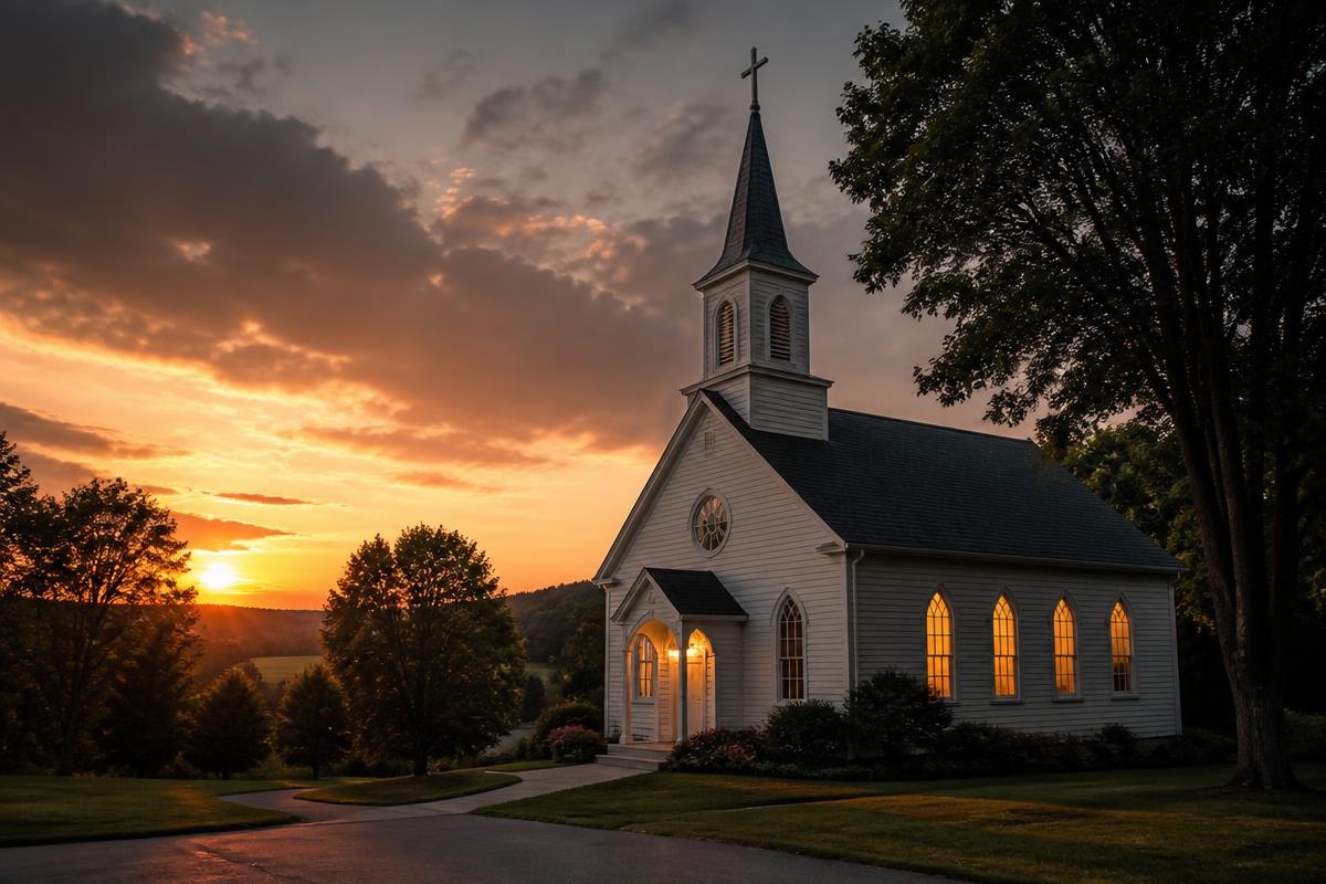 A welcoming small-town Ohio church glowing at sunset