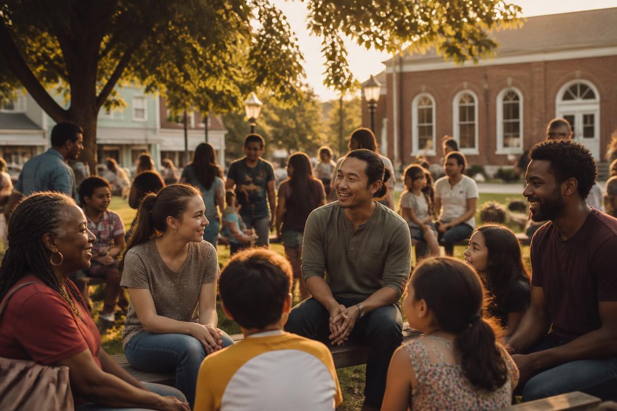 A diverse community gathering together outdoors in a small Ohio town