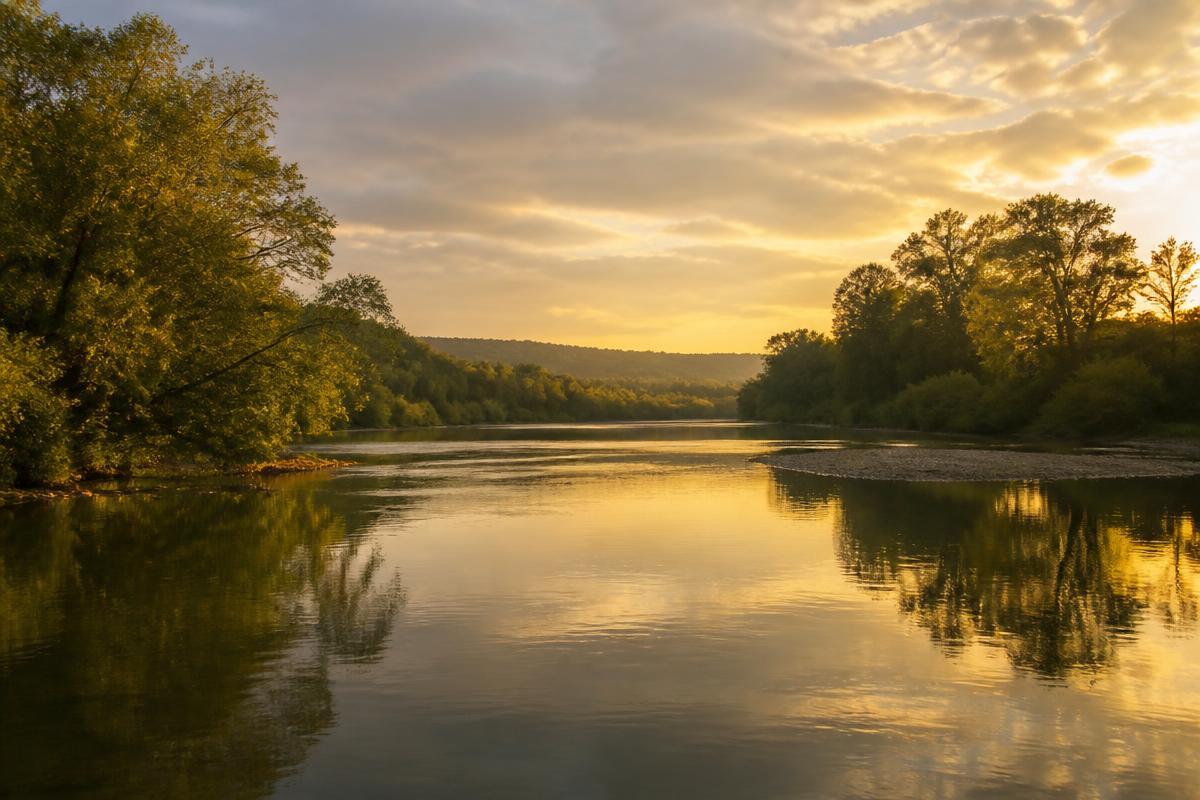 A serene river flowing through green Ohio countryside at golden hour