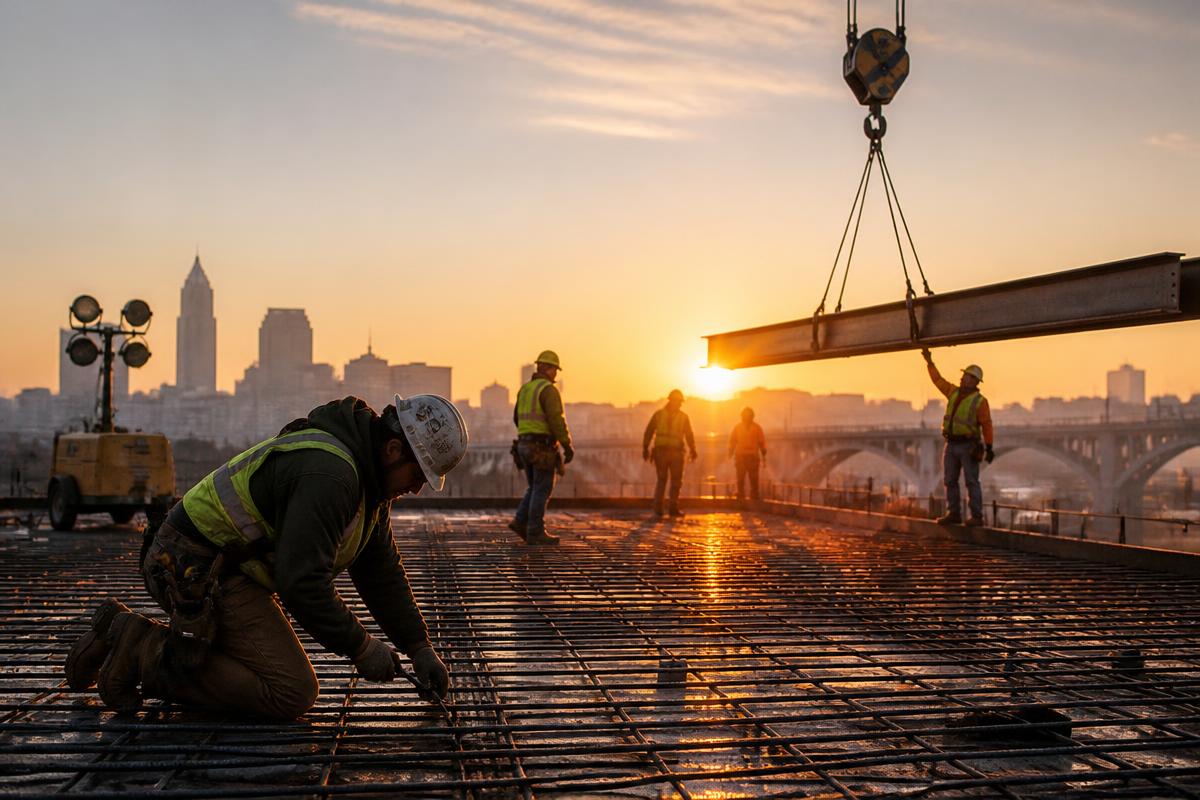 Construction workers on a building site at dawn