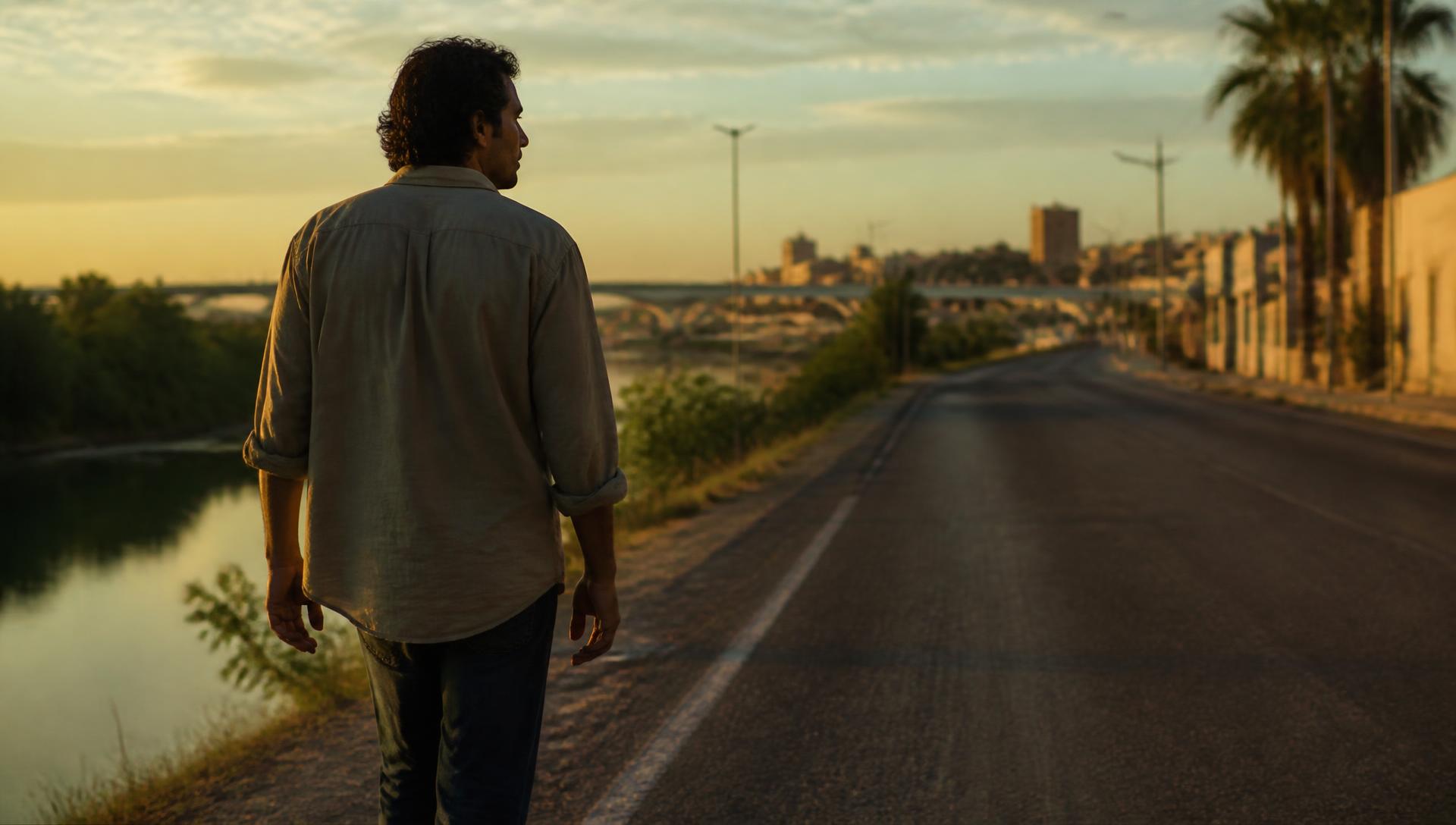 A lone man walking a dirt road into a border town at sunrise