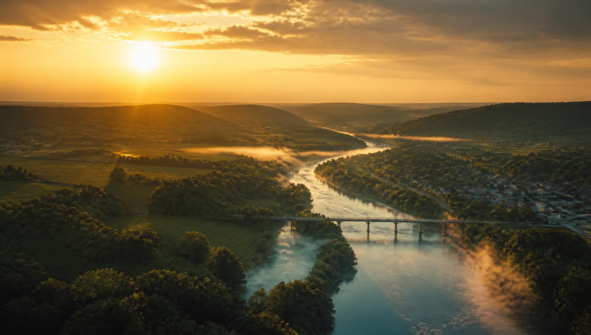 A river valley in the Midwest glowing at golden hour