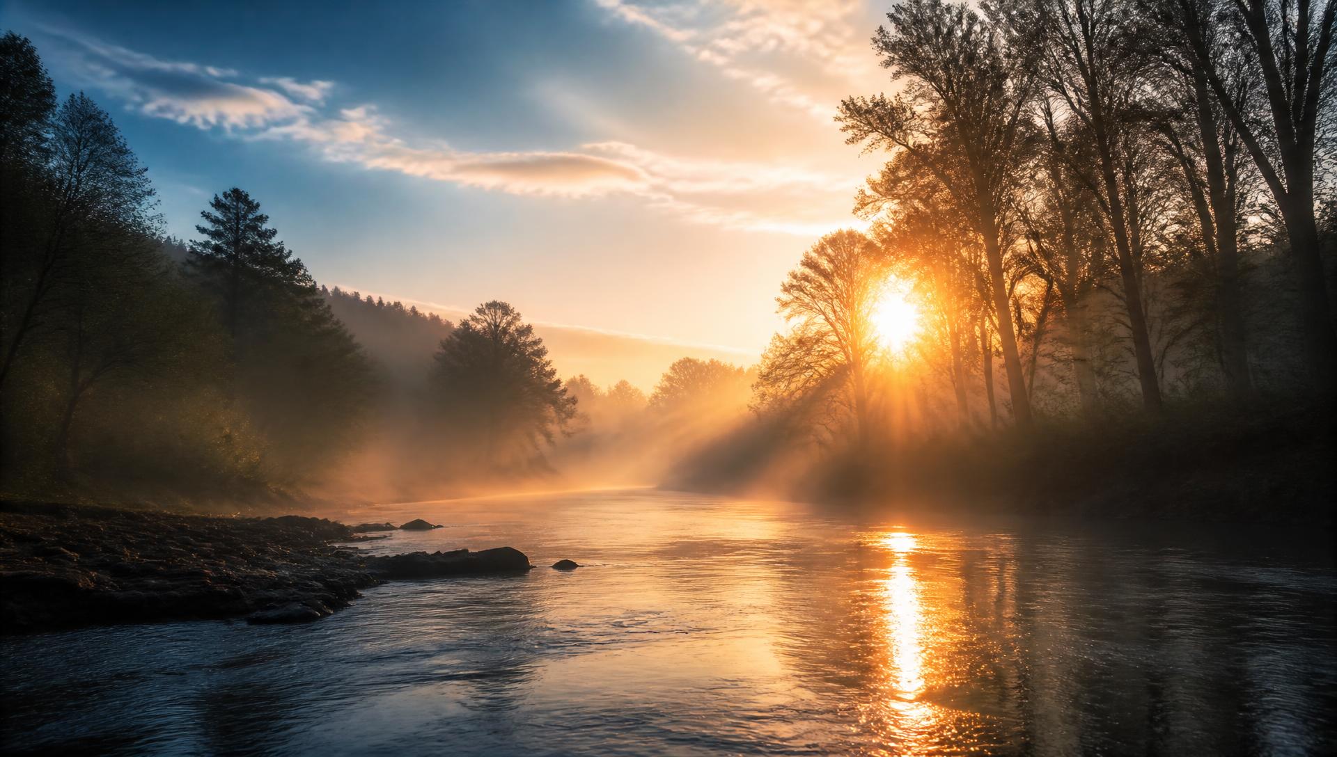 A calm river at sunrise with light breaking through morning mist