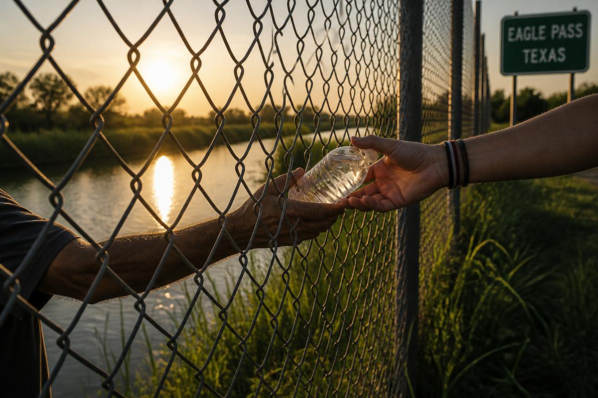 A hand offering water across the border fence in Eagle Pass, Texas at dusk