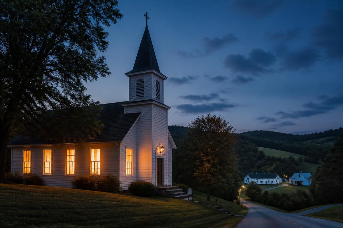 A small country church glowing at blue hour in Muskingum County, Ohio