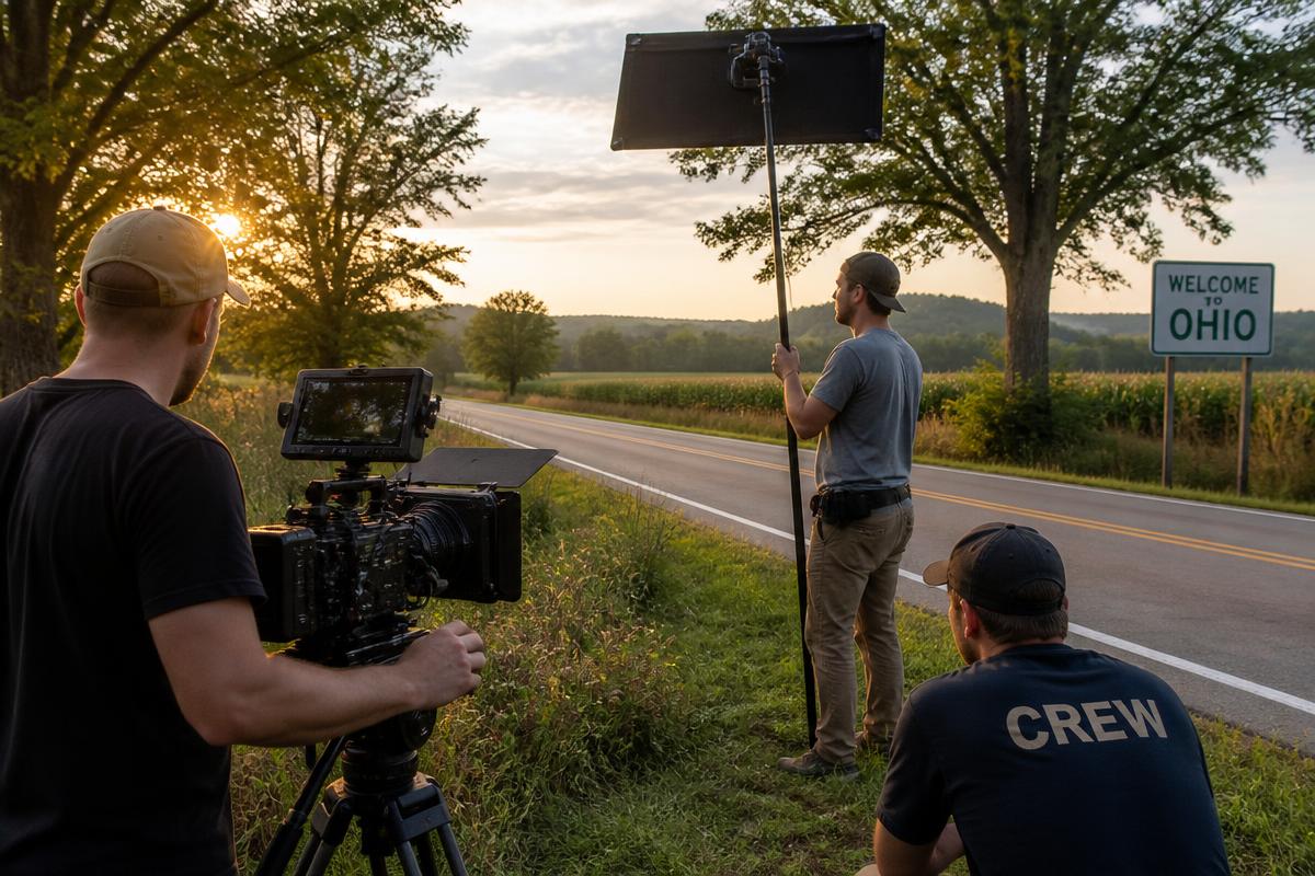 Film crew setting up on a rural Ohio road at magic hour